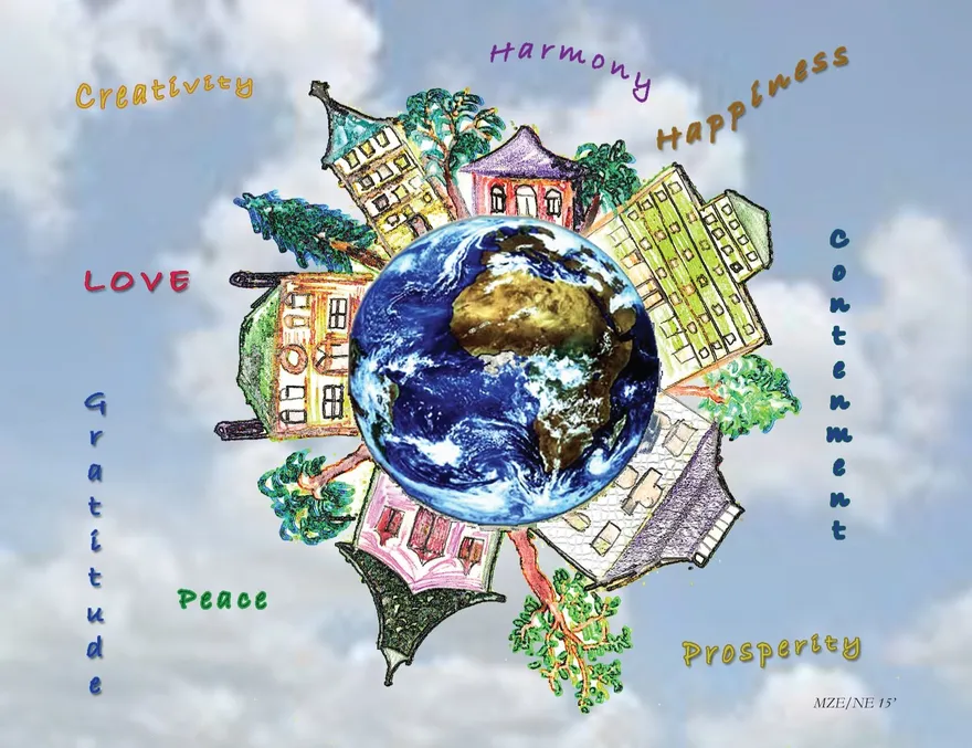 Marilyn's hand-drawn artwork: the earth encircled by houses and trees beneath the words love, harmony, and happiness