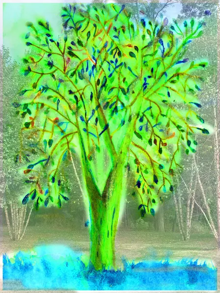 A bright green watercolor tree with blue grass, painted by Marilyn over a photograph of a grove